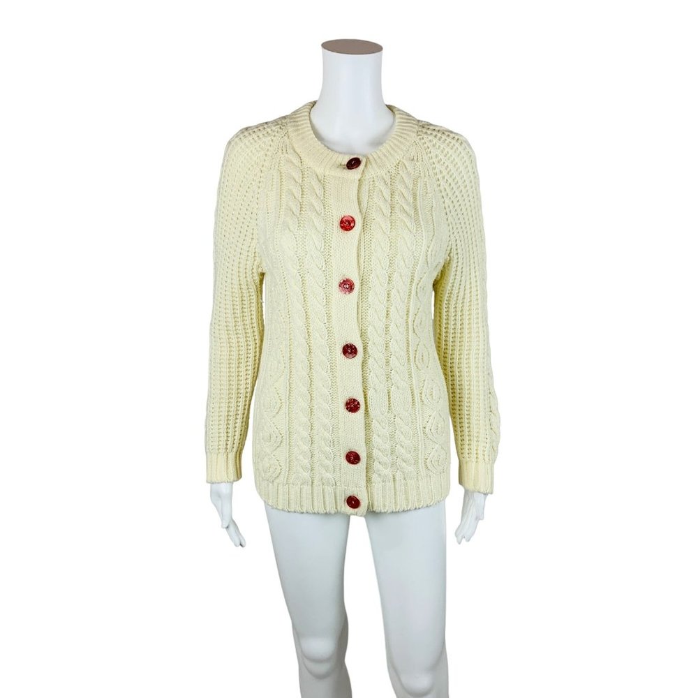 Vintage 1960s Cream Cable Knit Cardigan Acrylic Sweater Red Buttons B 36"